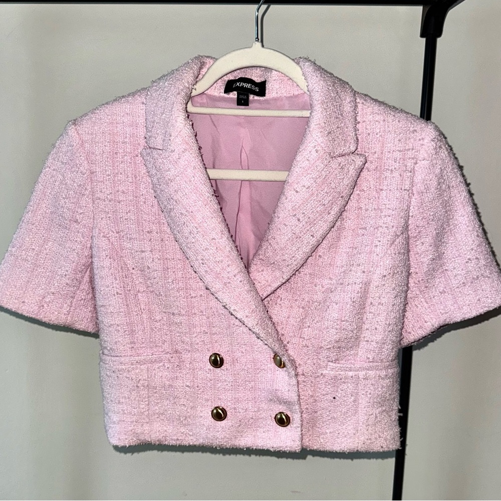 Express Cropped Tweed Double-Breasted Blazer – Pink – Size Small
